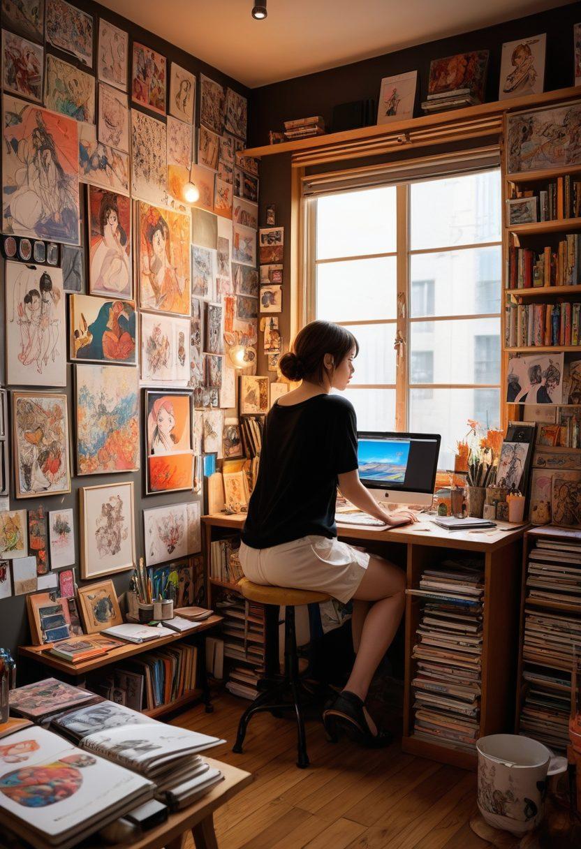 An artist's studio filled with vibrant colors, showcasing explicit anime and erotic manga artwork on canvases, featuring diverse characters with intricate details, an open sketchbook displaying dynamic poses, and scattered art supplies. Soft lighting casts an inviting atmosphere, enhancing the allure of adult-themed visuals. super-realistic. vibrant colors. warm lighting.